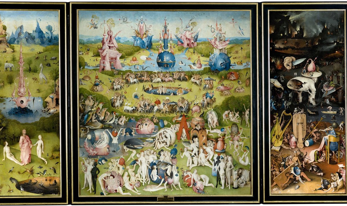 „Maiste lõbude aed“: Hieronymus Boschi (u 1450–1516) aastail 1490–1510 valminud triptühhon asub Prado muuseumis Madridis. Oma tuntuimal teosel kujutab kunstnik erakordselt fantaasia­rikka ja detailirohke pildikeele abil inimese langust Eedeni aiast (vasakpoolsel tiival) maiste lõbude aeda (keskel) ja lõpuks hukatusse (parem­poolsel tiival).