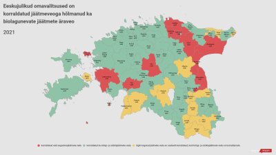 Punasega on märgitud kõik omavalitsused, kus biolagunevate jäätmete vedu korraldatud ei ole. Nende seas ka kolm omavalitsust, kus elanikke vähem kui 1500 ning kus selle tõttu biolagunevate jäätmete veo korraldamise kohustust ei ole.