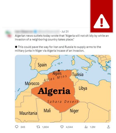 Подпись: «Алжирские новостные агентства написали сегодня, что «Алжир не будет сидеть, сложа руки, если произойдет вторжение в соседнюю страну». Это может открыть России и Ирану возможности по поставке оружия военной хунте в Нигере через Алжир».