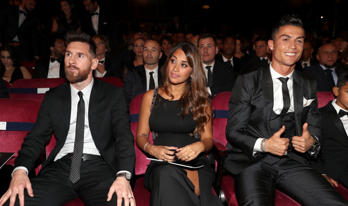 Vasakult: Lionel Messi, tema abikaasa Antonella Roccuzzo ja Cristiano Ronaldo.