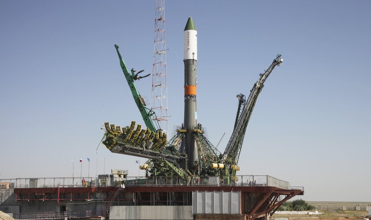The Russian Progress-M spacecraft is set on its launch pad at Baikonur cosmodrome, Kazakhstan