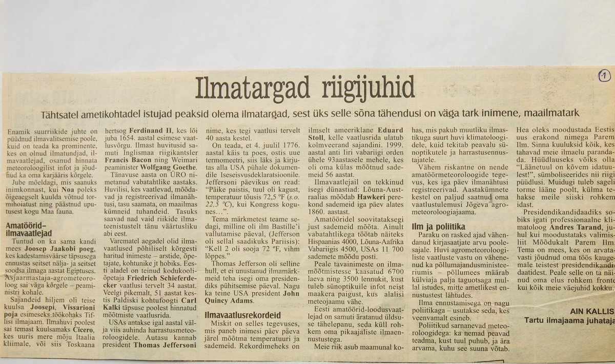Ilmatargad riigijuhid – Maalehe ilmarubriigi esimene lugu 24. mail 2001.