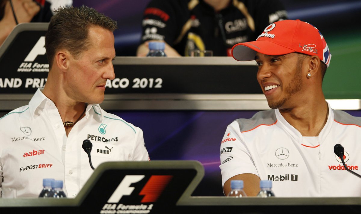 Nico Rosbergi sõnul on Lewis Hamilton (paremal) kõigi aegade andekaim sõitja, aga Michael Schumacher (vasakul) on jällegi töökam.