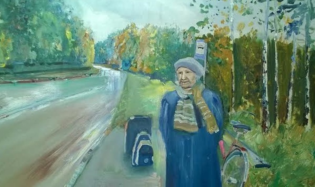Saare-vanaema on Kaja Lijuri tehtud maalil 92aastane, saatmas Toolamaa bussipeatuses külalist.