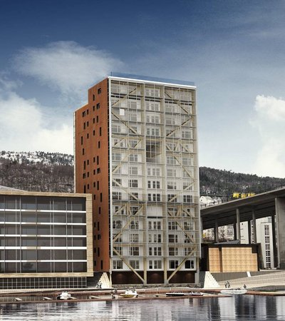 Maailma kõrgeim, 14korruseline puitkar-kasselamu Norras Bergenis valmib elementidena Kodumaja Tartu tehastes.