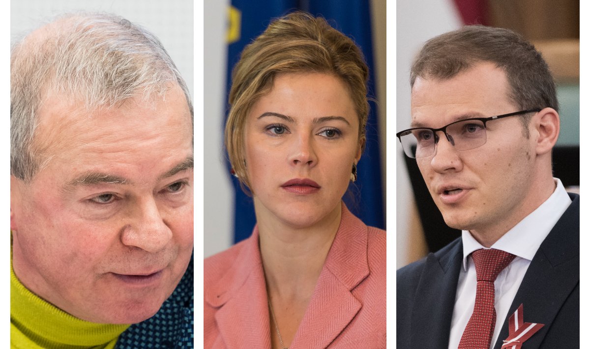 Vasakult ZZS-i halliks kardinaliks peetud Aivars Lembergs, Uue Ühtsuse peaministrikandidaat Evika Siliņa ja Rahvusliku Liidu juht Raivis Dzintars