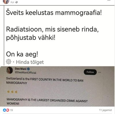 Eestikeelne valeinfo sotsiaalmeedias, mis väidab et Šveits keelustas mammograafilise uuringu.