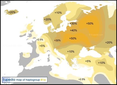Haplogrupi R1a levik Eupedia andmetel