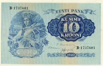 Ilus uus oma raha:Karl Dolli graveeritud 10-kroonine kupüür rahvarõivais neiu kujutisega.
