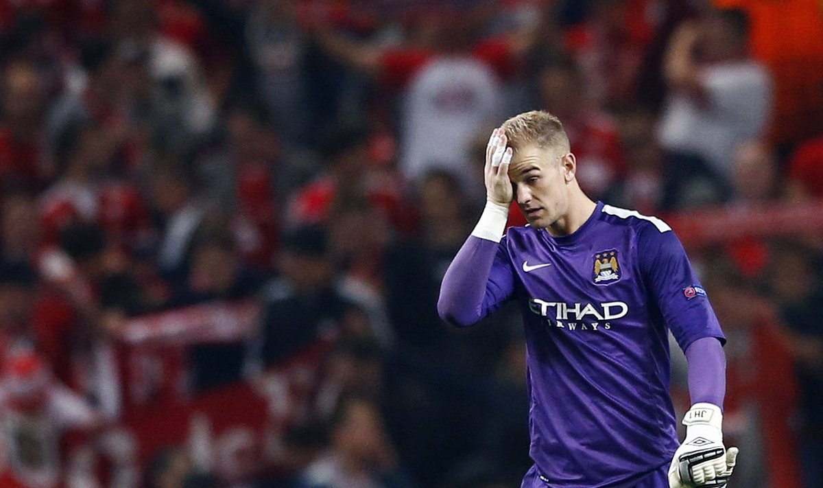 Manchester City's Hart reacts during their Champions League soccer match against Bayern Munich at the Etihad Stadium in Manchester