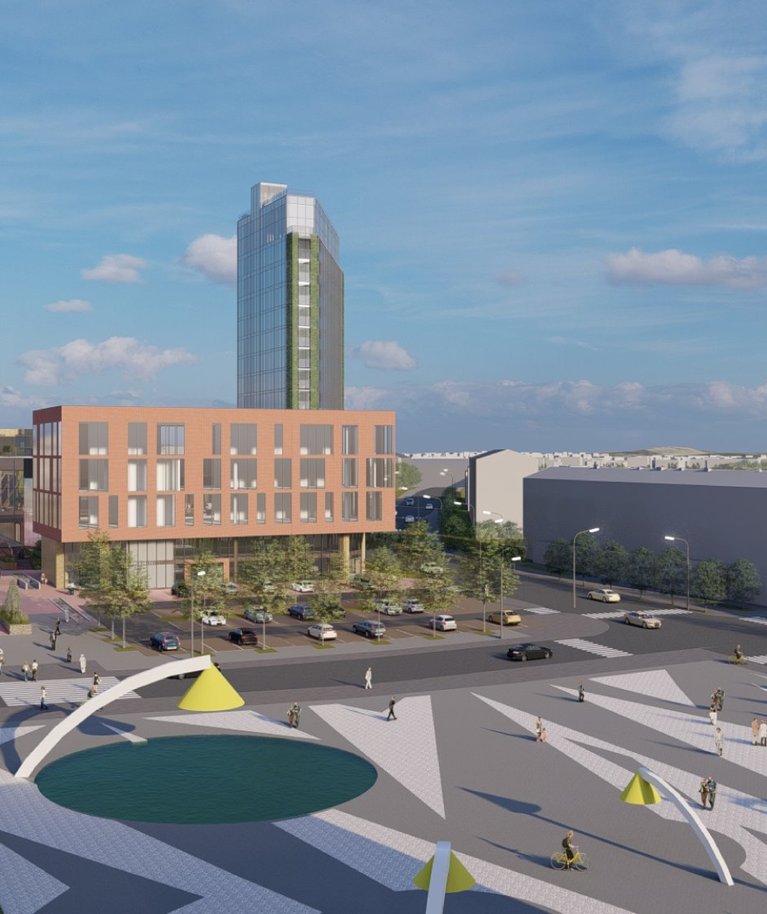 Rakvere uue kaubanduskeskuse ja 16korruselise büroo-elamutorni visioon Keskväljaku poolt vaadates.
