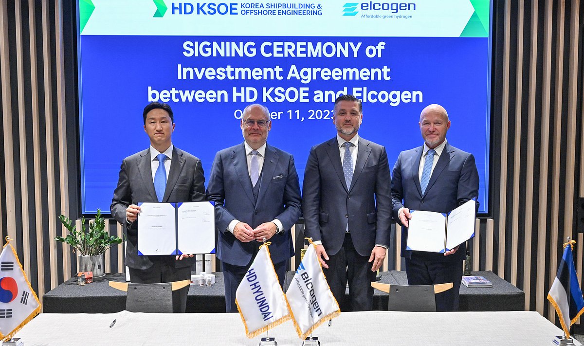 isun Chung, HD Hyundai President ja CEO, Alar Karis, Eesti Vabariigi President, Sten Schwede, Eesti Suursaadik Korea Vabariigis ning Enn Õunpuu, Elcogeni CEO.