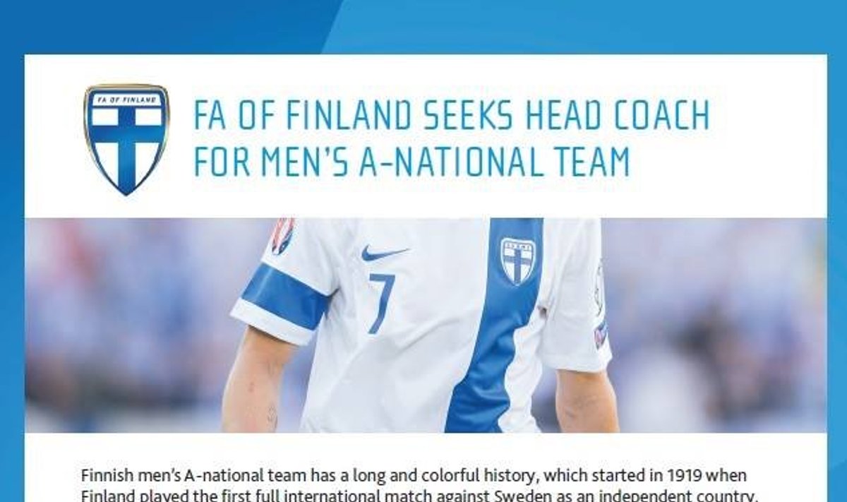 Soome Jalgpalliliit otsib A-koondisele peatreenerit
