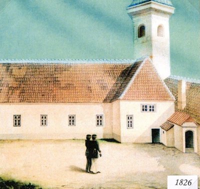 Tallinna Kubermangugümnaasiumi hoone 1826. aastal. Toona oli koolimaja säilitanud veel keskaegse ilme.