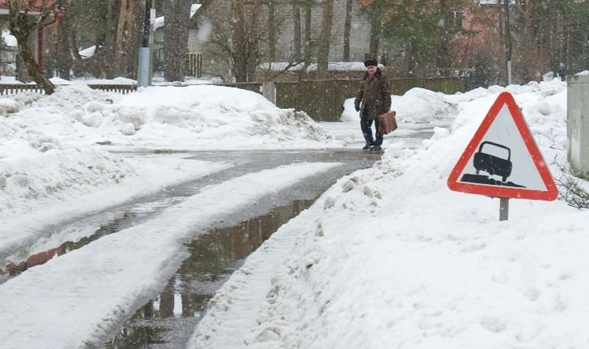 Põllu tänav eile: lume all olevad kõnniteed suruvad jalakäijaid keset sõiduteed, mis sunnib autojuhte juba praegu aeglasemalt sõitma.
