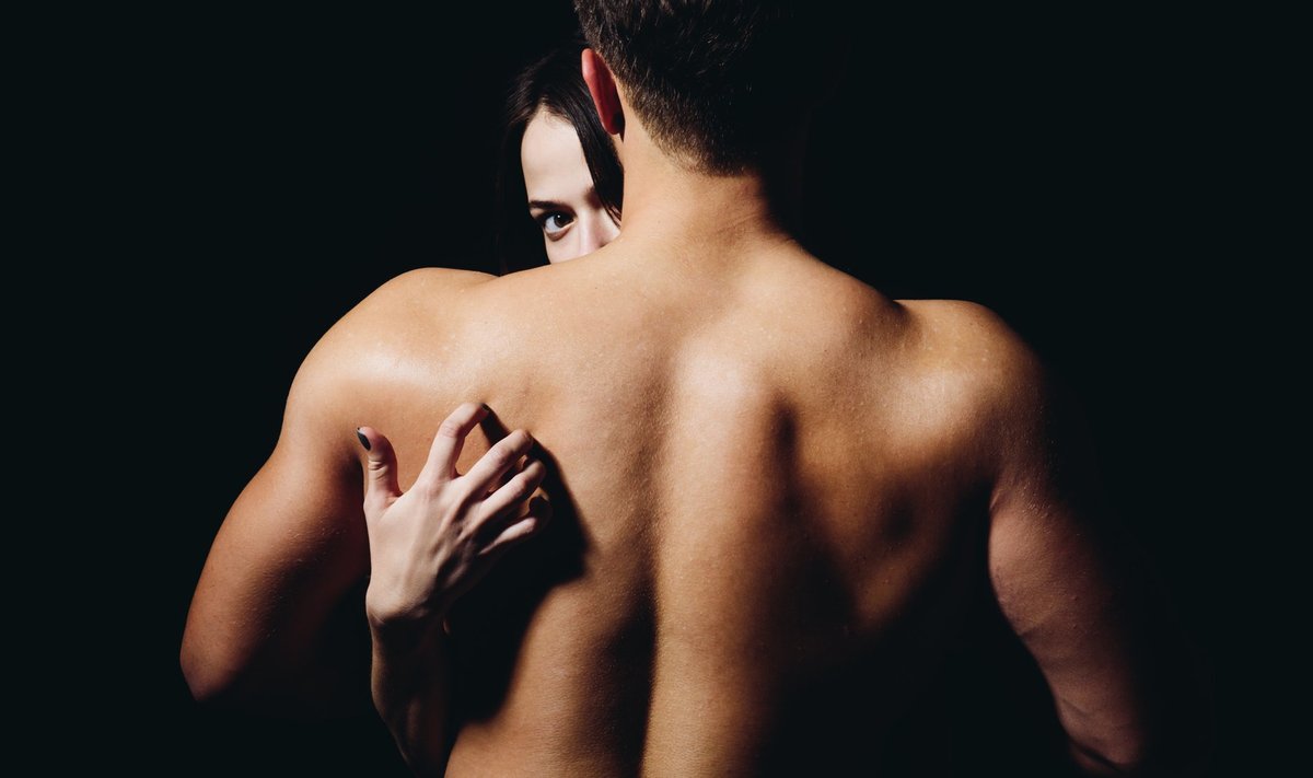 Loving,His,Body.,Woman,Hand,Touch,Man,Torso,,Rear,View.