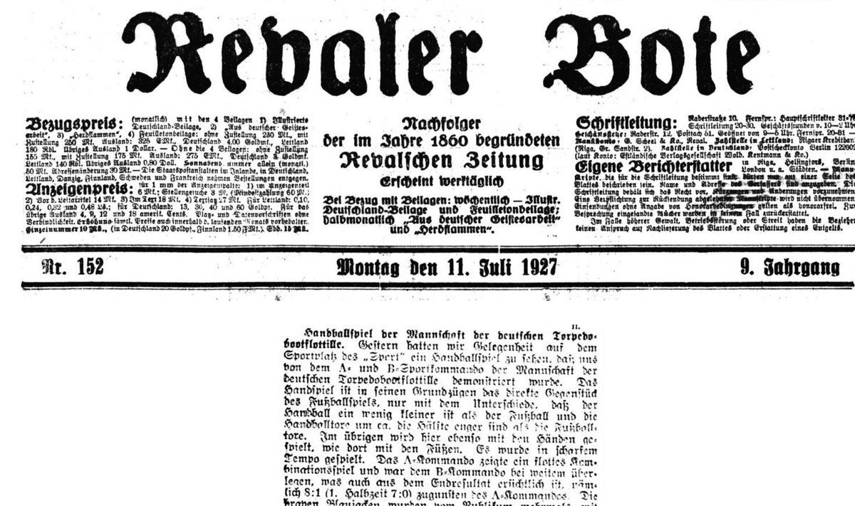 11. juulil 1927. aastal avaldas ajaleht Revaler Bote loo ilmselt esimesest käsipallimängust Eesti pinnal