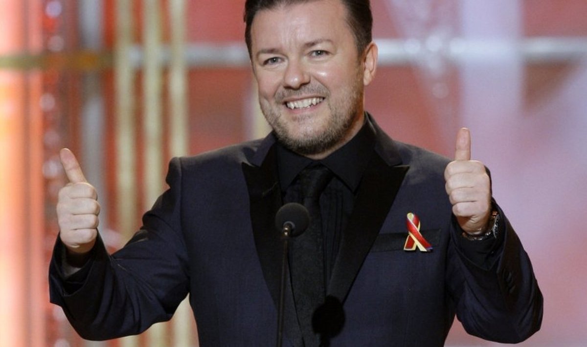 In this image released by NBC, host Ricky Gervais gestures on stage during the 67th Annual Golden Globe Awards held at the Beverly Hilton Hotel on Sunday, Jan. 17, 2010. (AP Photo/NBC, Paul Drinkwater) / SCANPIX Code: 436