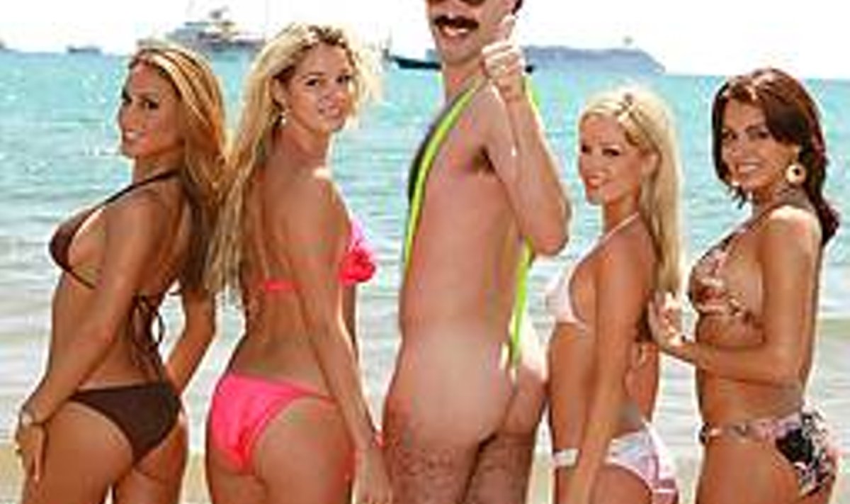 “Mina ja prostituudid”: Borat esitles sel kevadel Cannes’is oma filmi ja demonstreeris fotograafidele ka uut moehitti -  napi disainiga supeltrikood. Uudistekünnise ületamine pole Boratile kunagi raskust valmistanud. OUTNOW.COM