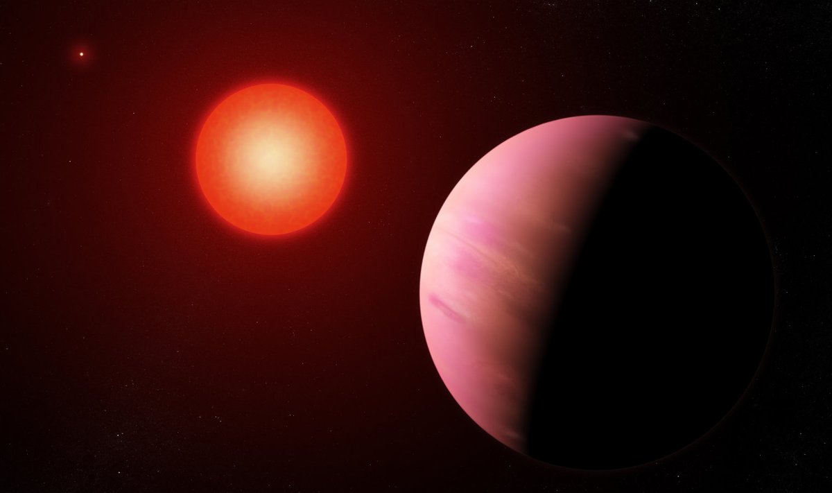 Kunstniku kujutis planeedist (paremal), vasakul on näha tähesüsteemi keskmes olevat kaksiktähte