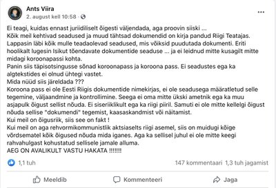 Facebooki kasutaja uurib, miks pole seadustes sõna "koroonapass".