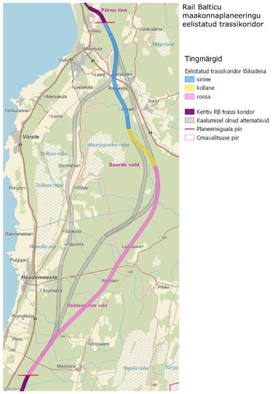 Joonis 2. Rail Balticu rajamiseks kõige väiksemate mõjudega sinine-kollane-roosa trassikoridor.