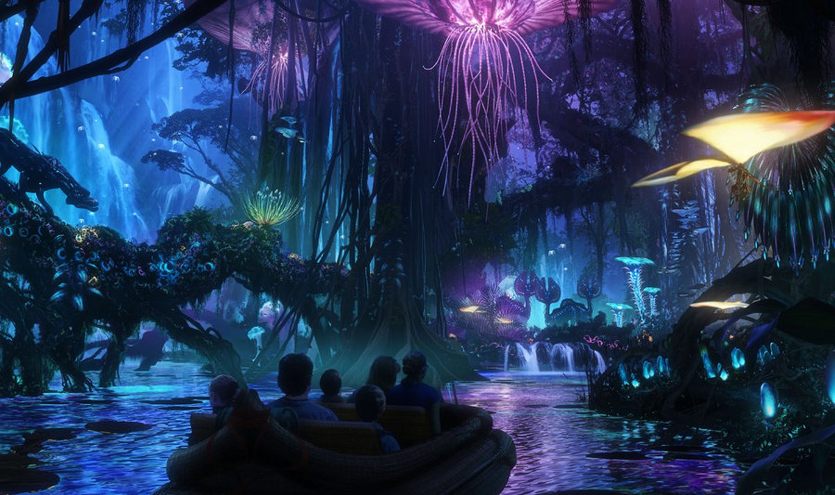 Avatari öine atraktsioon: paadisõit läbi helendavate taimedega metsa.