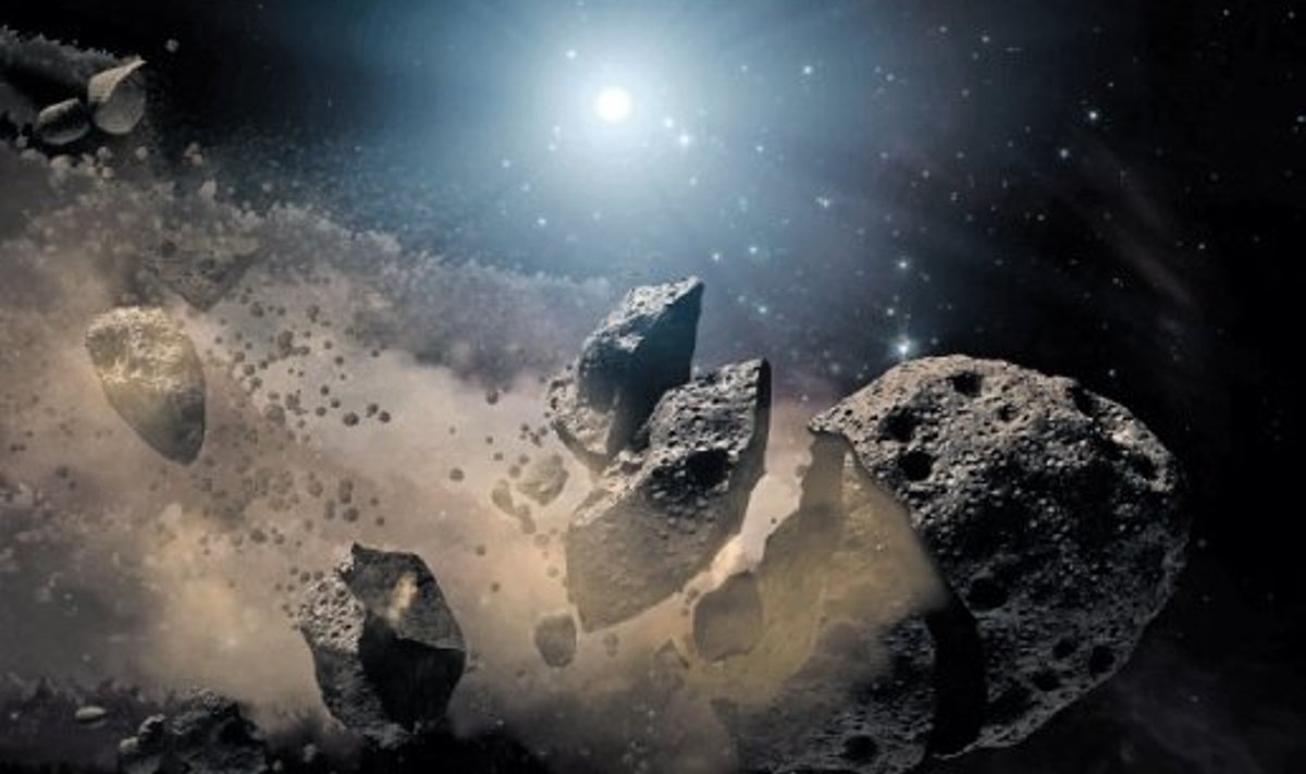NASA kunstniku ettekujutus sellest, kuidas purunes asteroid, mille tükid tegid lõpu dinosauruste ajastule.