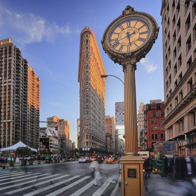 United States, USA, New York City, Manhattan, Flatiron District, Flatiron Building, Manhattan oldest skyscraper and its iconic clock