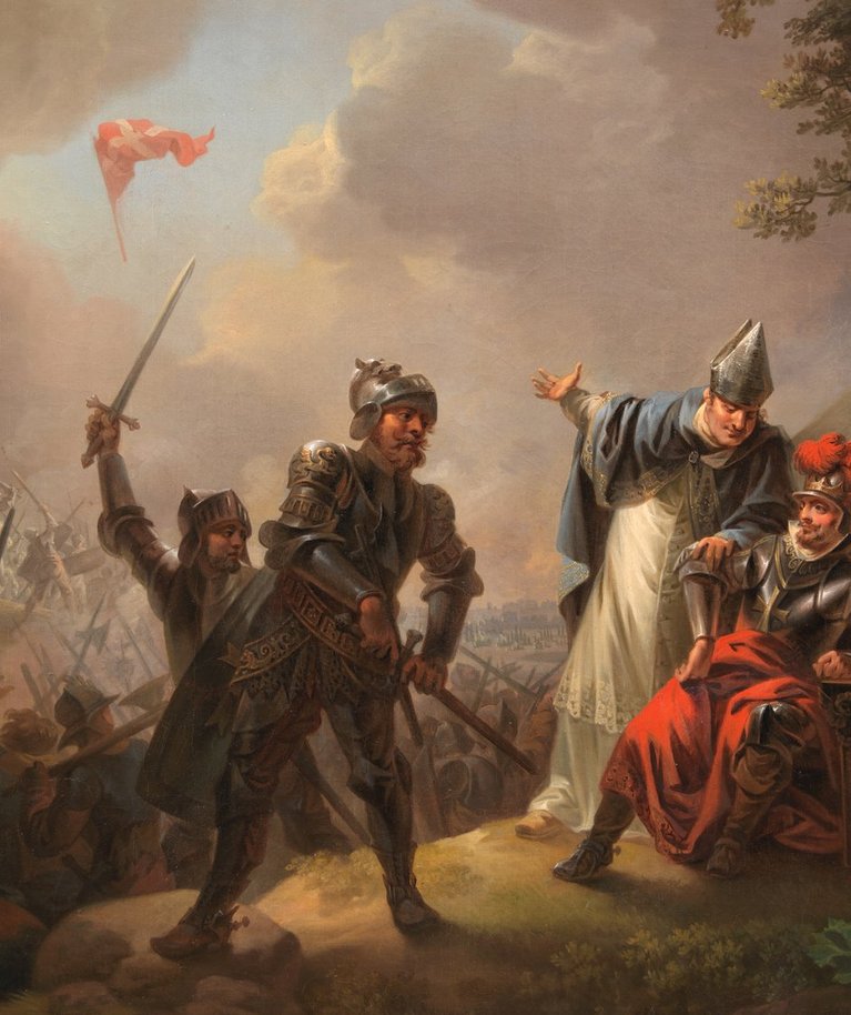 LYNDANISE LAHING: Christian August Lorentzeni maal „Dannebrogi ilmumine Lyndanise lahingus“. Istuv mees on kuningas Valdemar II.