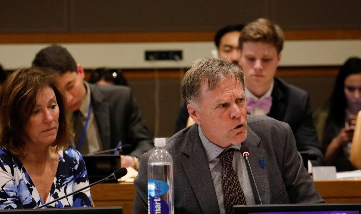 Fred Warmbier speaks as his wife Cindy looks on during a symposium at the United Nations headquarters in Manhattan, New York