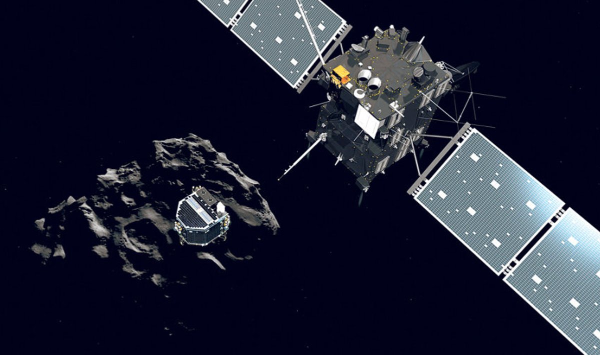 Rosetta sondist eraldunud maandur Philae komeedi 67P poole langemas kunstniku ettekujutuses.