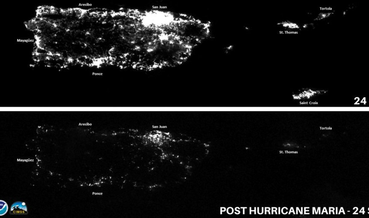 Puerto Rico enne ja pärast orkaani võrdlevatel satelliidipiltidel. 