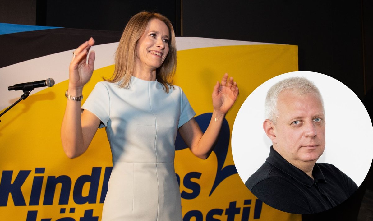 Peaminister Kaja Kallas valimisõhtul kõnet pidamas. Urmo Soonvald. Kollaaž.
