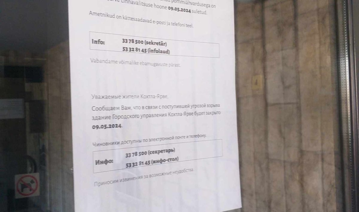 Kohtla-Järve linnavalitsuse uksele on täna riputatud selline teade.