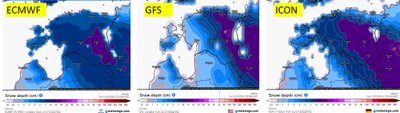 Kolm erinevat lumekatte paksuse prognoosi pühapäeva pärastlõunaks.