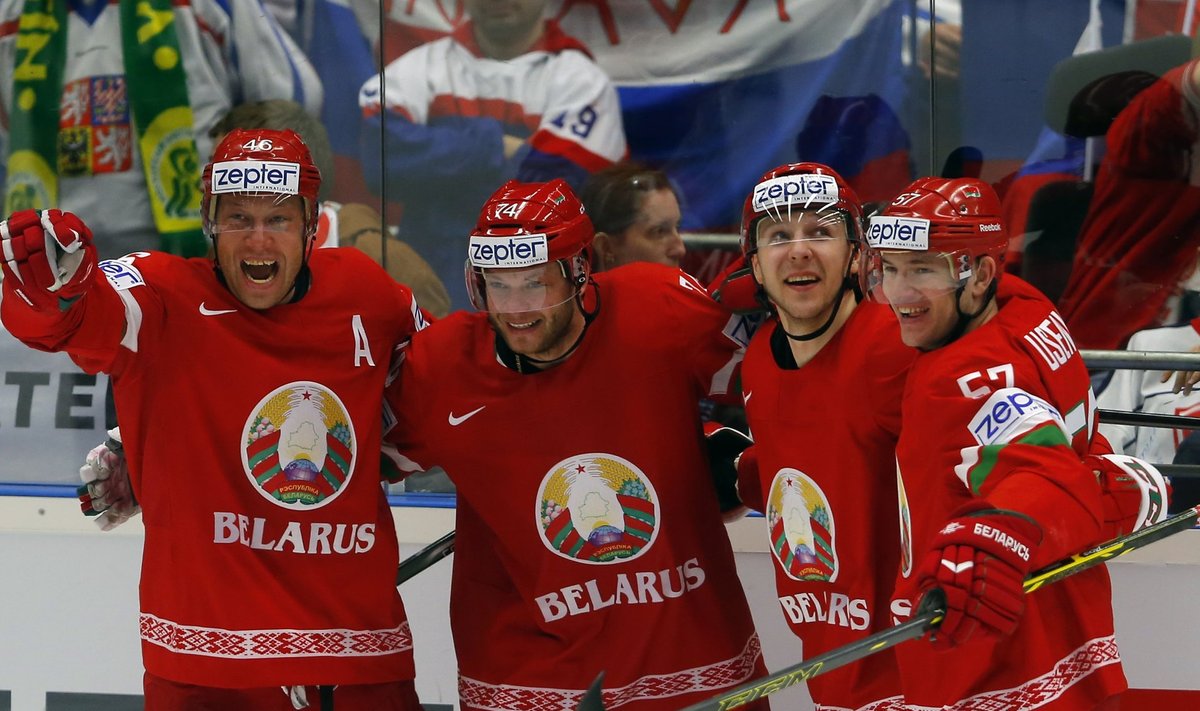 Kostitsyn of Belarus celebrates his goal against Slovakia with team mates during their Ice Hockey World Championship game at the CEZ arena in Ostrava