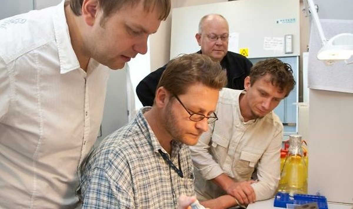 Marko Lehes (vasakult), professor Ülo Langel ja Indrek Tulp jälgivad, kuidas tehnoloogiainstituudi teadur Hiljar Sibul analüüsib värvusreaktsioonide abil geenimutatsioone. Foto: Andres Tennus/Universitas Tartuensis