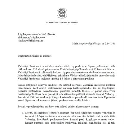 Presidendi kantselei kiri riigikogu esimehele Eiki Nestorile, keda siin küll Heikiks nimetati.