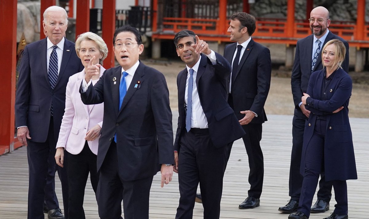 Vasakult: Joe Biden, Ursula von der Leyen, Fumio Kishida, Rishi Sunak, Emmanuel Macron, Charles Michel ja Giorgia Meloni