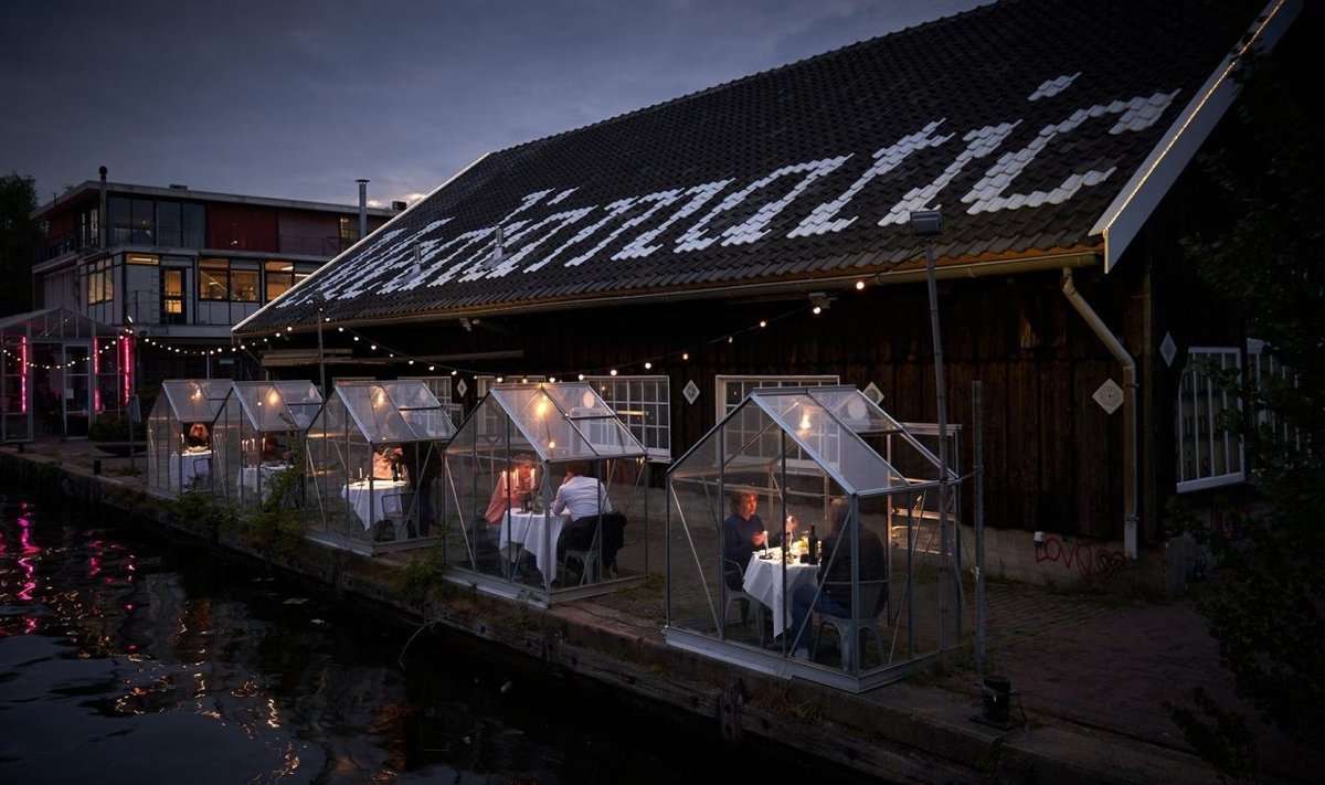 Kuidas tagada sotsiaalne eraldatus restoranis? Amsterdami restoran Mediamatic paigutatas lauad eraldi kasvuhoonesse.