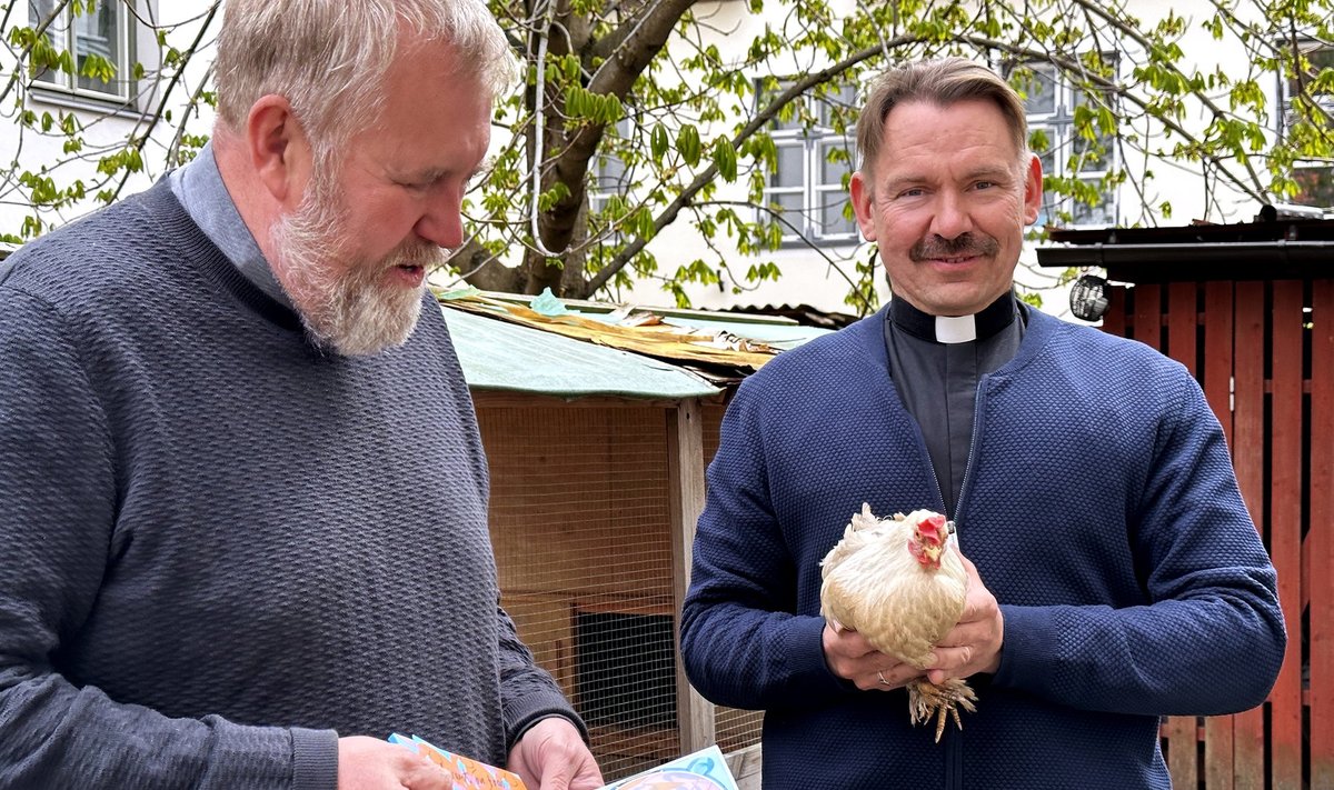 Vaimulikud Patrik Göransson (vasakul) ja Tõnis Kark ning kana Iida ootavad sel laupäeval, 20. mail Rootsi-Mihkli kiriku kevadlaadale, kus kõigil võimalik mõnusalt aega veeta ja annetada Gammalsvenskby küla hävitatud kooli taastamiseks.
