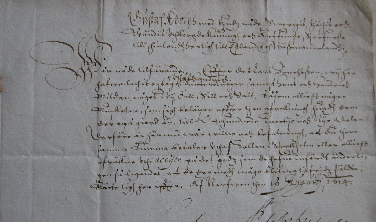 KUNINGAL ON RAHA VAJA: Gustav II Adolf teatab tolliametnikule, et too peab tasuma 839 taalri suuruse võla kolmele isikule. Kirja all on kuninga allkiri.