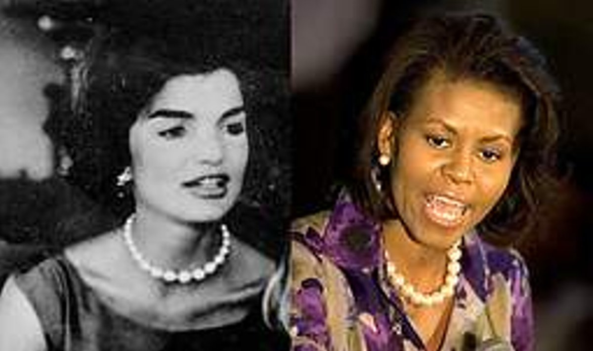 Jacqueline Kennedy pärlitega: Fragment 1959. aasta perepildist Washingtonis. :: Michelle Obama pärlitega: Kampaaniahoos 2008.