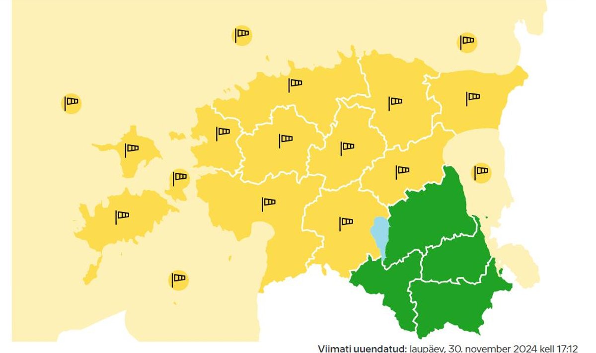 30.11 õhtul tugevneb edeltuul sisemaal puhanguti kuni 15, saartel ja rannikul kuni 21 m/s.