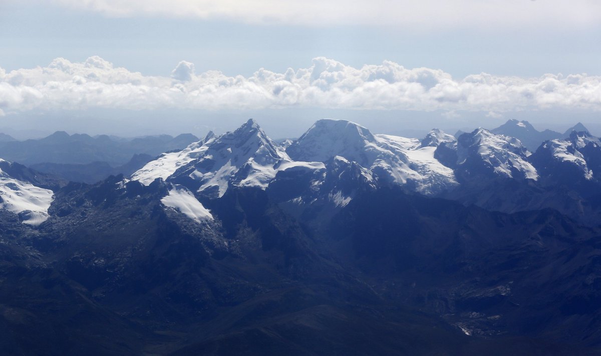 Aerial view of the Cordillera Blanca (White Mountains) shows snowcaps and glaciers near Huaraz in Ancash