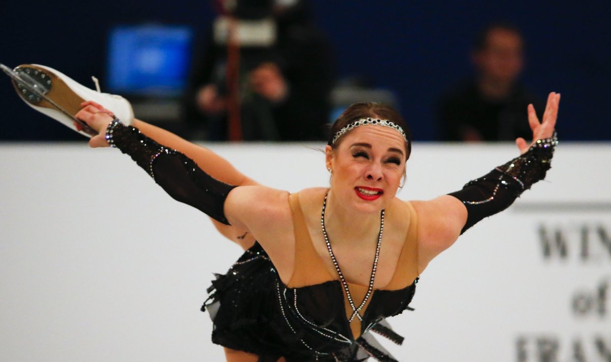Glebova of Estonia performs during the Ladies Short Program of the ISU European Figure Skating Championships in Budapest