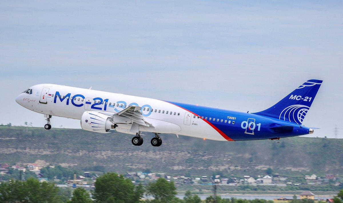 An MS-21 medium-range passenger plane, produced by Irkut Corporation, takes off in Irkutsk