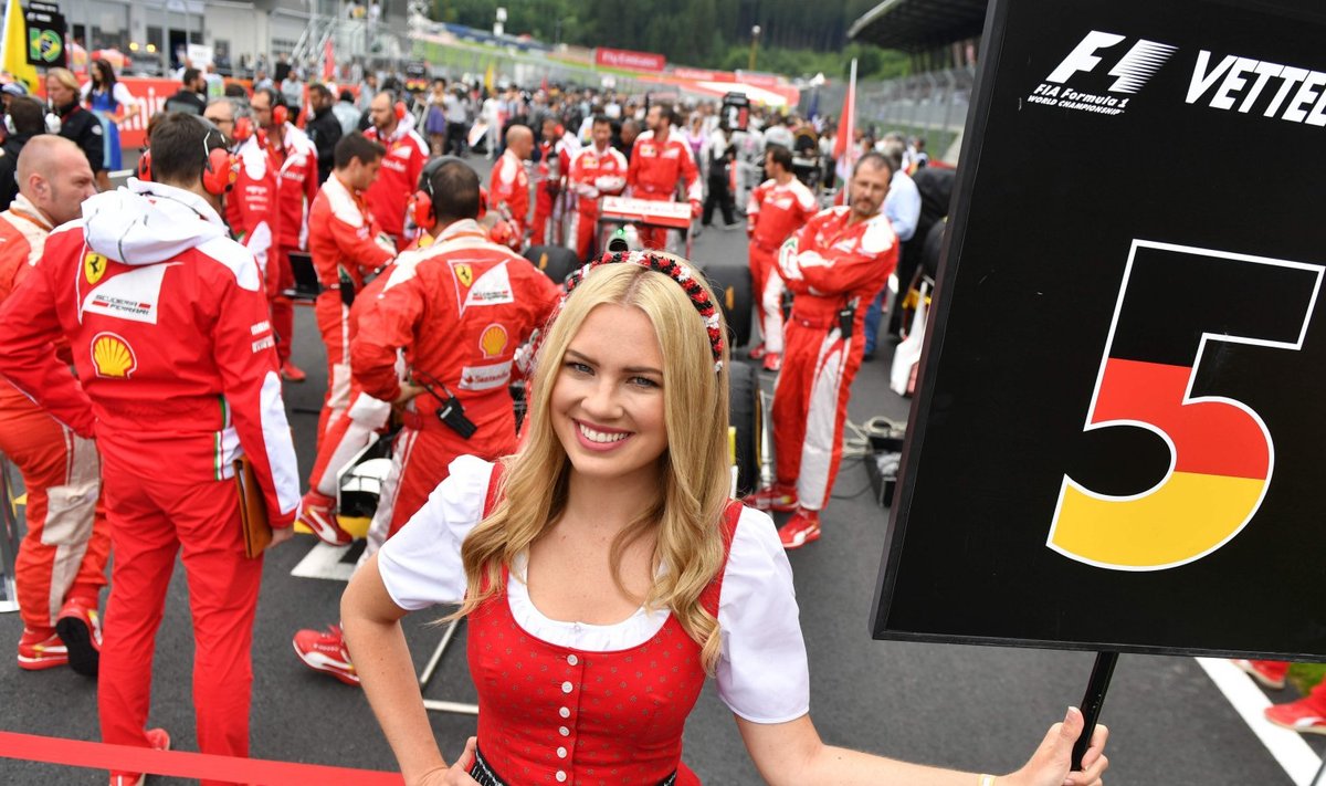 Vihmavarjutüdruk 2015. aasta Austria GP-l Vetteli numbrit hoidmas.