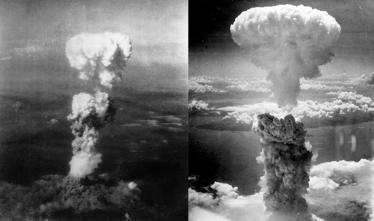 MAAILMA ESIMENE TUUMARÜNNAK: 6. augustil 1945 viskas Ameerika Ühendriikide pommituslennuk B-29 Jaapani linnale Hiroshimale aatomipommi. Kolm päeva hiljem tarvitasid jänkid tuumapommi Nagasaki ründamisel. Pärast seda on kõik sõjad püsinud tuumarünnakute vabad. Fotol vasakul Hiroshima, paremal aga Nagasaki tuumaseen.